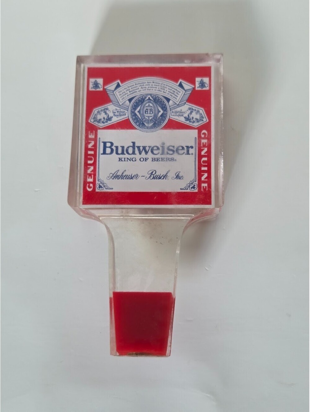 Vintage Budweiser Beer Tap Handle Lucite Square Top Anheuser Busch Genuine